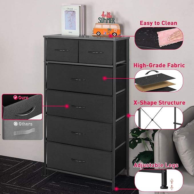 Mifuro Tall Dresser for Bedroom, Vertical Storage Organizer Tower with 6 Drawers, Chest of Drawers with Fabric Bins, Steel Frame, Wood Top for Bedroom, Closet, Entryway- Black