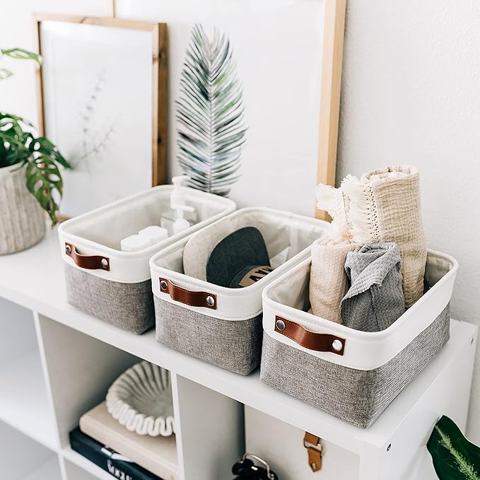 OrganiHaus Small Fabric Storage Baskets 3 Pack, 12x8in Cloth Storage Bins for Shelves, Small Baskets for Organizing Pantry Closet, Canvas Shelf Baskets, Gray/Off-White