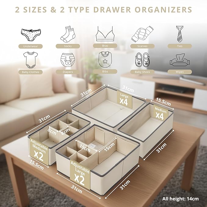 DECOMOMO Drawer Organizer for Baby – 12 Pack Clothes Organizer & Storage Dividers for Nursery, Storage Bins for Underwear, Bra, Socks, Diapers & Newborn Essentials (Beige)
