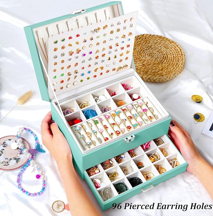 QBestry Earrings Jewelry Box for Girls, 5 Layers Jewelry Organizer with Earring Holder Organizer for Girls Earring Organizer Jewelry Boxes for Women Earrings and Necklaces Jewelry Box Organizer Teal