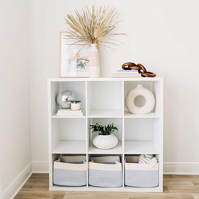 OrganiHaus Cotton Rope Basket for Shelf - Woven Storage Basket for Organizing, Closet & Toy Storage - Blue/White - 15x9x10