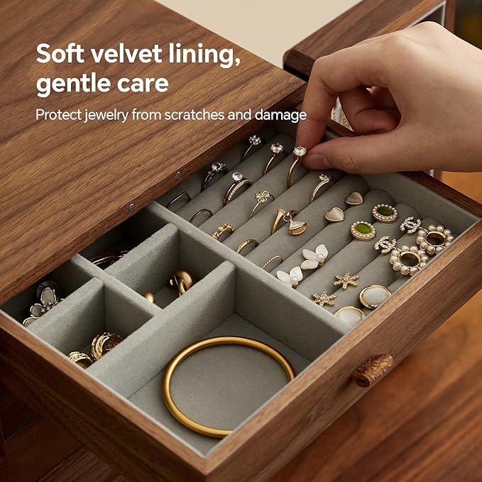 Black Walnut Wood Wooden Jewelry Box for Women, Large Velvet Lined Jewelry Organizer with 5 Drawers & Brass Feet, Earring Jewelry Box Organizer, Traditional Chinese Pattern Handles