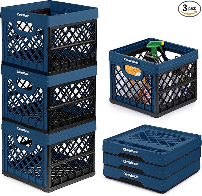 CleverMade Collapsible Milk Crate 25L (6.6 Gal) 3 Pack, 50 lb Capacity Heavy Duty Folding Crate – Stackable Storage Crates with File Rails, Plastic Collapsible Crates - Ocean