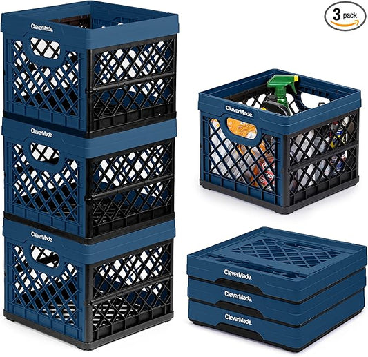 CleverMade Collapsible Milk Crate 25L (6.6 Gal) 3 Pack, 50 lb Capacity Heavy Duty Folding Crate – Stackable Storage Crates with File Rails, Plastic Collapsible Crates - Ocean