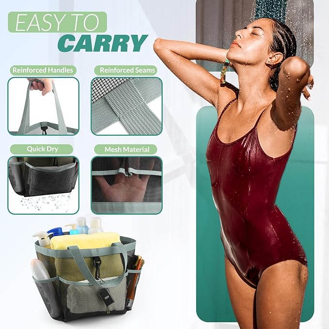 LOYEE Mesh Shower Caddy Portable for College Dorm Room Essentials with 8 Pockets,Shower Bag for Beach,Swimming,Gym,Travel,Bathroom(Grey)