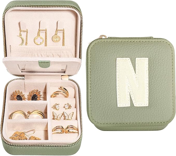 S.Leaf Initial Travel Jewelry Case - Portable Jewelry Box for Women - Small, Gift Boxes - Organizer Box - Letter N