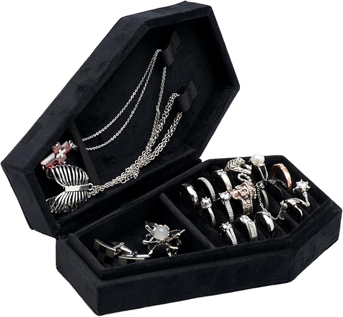 Velvet Coffin Jewelry Travel Case Holder for Gothic Wedding Ceremony Jewelry Organizer Decoration (Black)