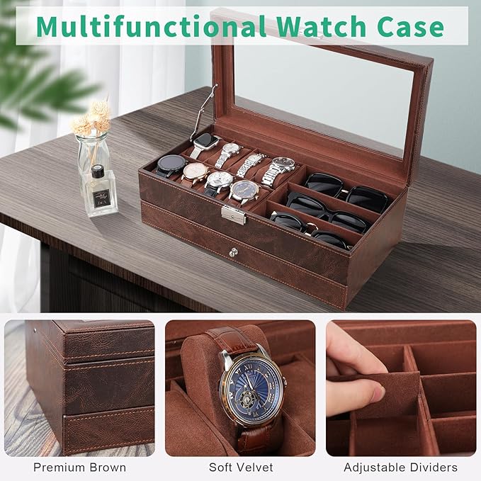 TomCare Watch Box 2-Tier Watch Case Jewelry Organizer Box with Thick Glass Lid Lockable Watch Organizer Jewelry Display Holder Sunglass Rings Necklaces Bracelets Storage Organizer for Men Women,Brown