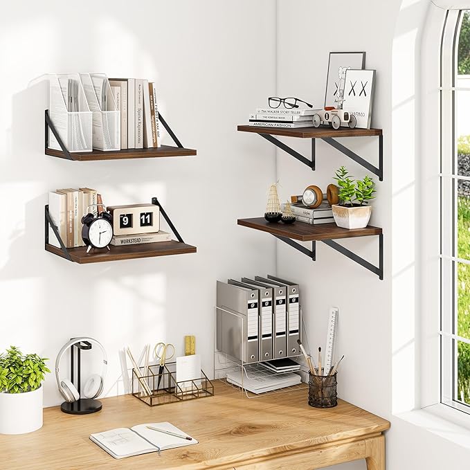 Heimlove 12 Inch Deep Floating Shelves for Wall, 16W x 12D Wide Floating Shelves Heavy Duty Wall Mounted Shelves, Wood Wall Shelves for Living Room Bedroom Bathroom Kitchen- Set of 4