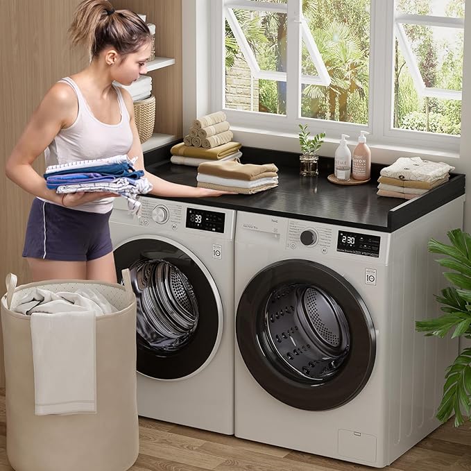 Aheaplus Washer and Dryer Countertop, Laundry Room Organization with Non-Slip Pads, Wood Shelf Topper with Round Corner Edge Rails, Folding Organizer for Laundry, 54" W x 27.5" D, Black