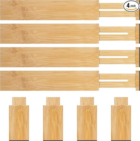 4 Pack Bamboo Drawer Dividers Organizer with Inserts 2.6'' High, Expandable from 12.5-21.7", Adjustable Drawer Organizer Separators for Utensils, Clothing, Office, Dresser, Bedroom, (Beige)