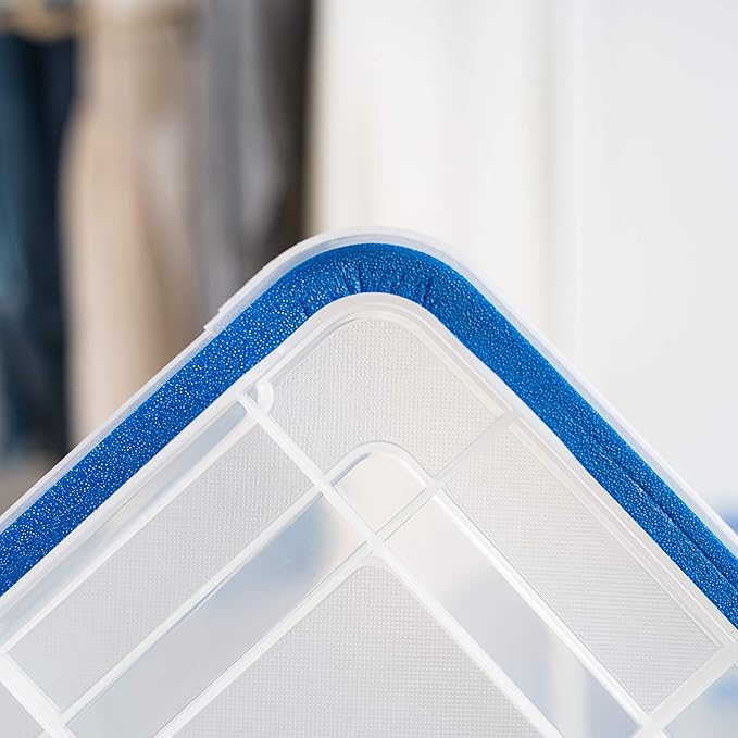IRIS USA WeatherPro 27 Qt Storage Bins with Lids, 3 Pack, BPA-Free Plastic Gasket Box with Tight Latch and Seal, Stackable Nestable Tote Tub - Clear/Blue