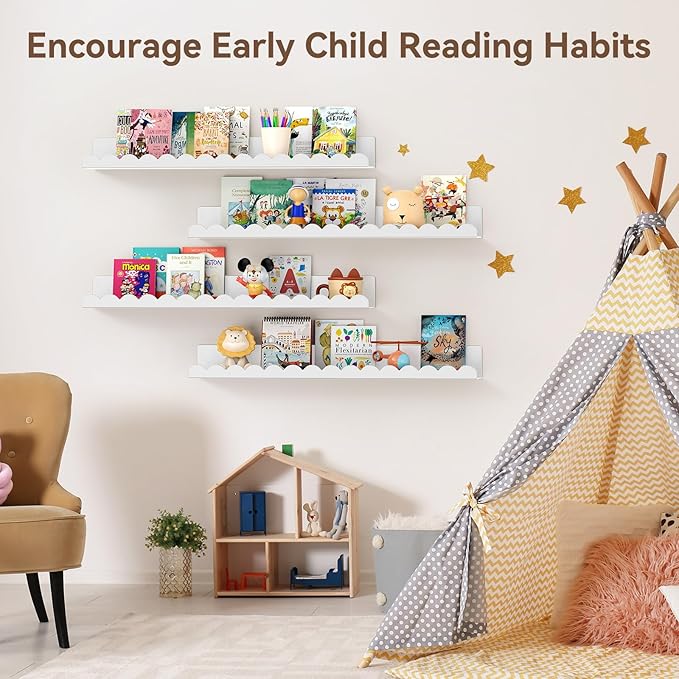 Floating Shelves for Wall, 23 Inch Metal Nursery Book Shelves 4 Pack, Wall Mounted Book Shelf for Kids Room, Bedroom, Bathroom, Playroom Decor （White）