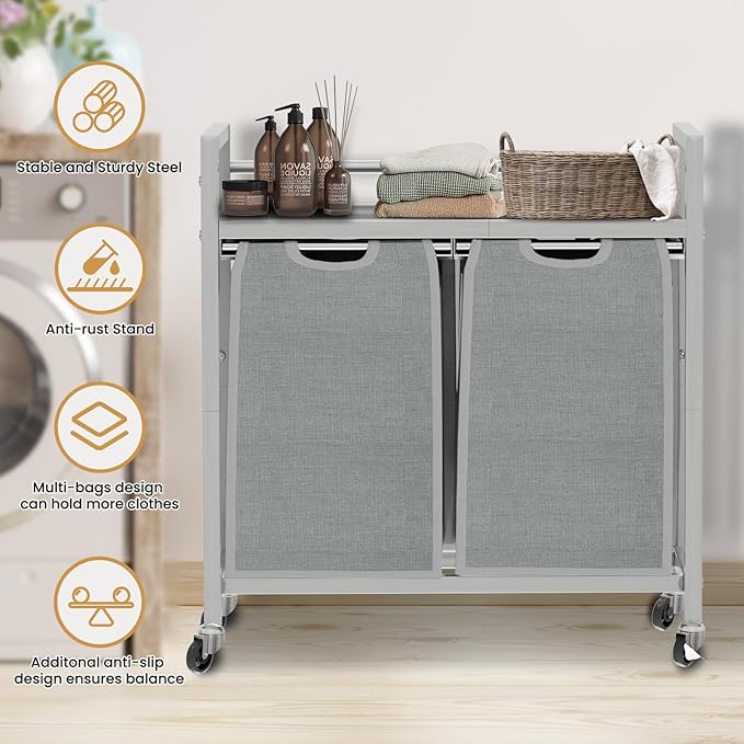 SwaaVee Laundry Hamper, Laundry Basket, Laundry Sorter with 3 Removable Bags, Clothes Basket with 3 Compartments, Wheels, Shelf for Laundry Room Bathroom Bedroom (2 Bags-Gray)