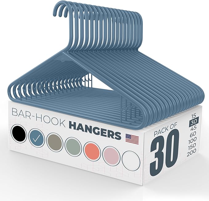 Neaties Plastic Hangers 30 Pack – Made in the USA – 6lb Capacity Standard Clothes Hangers with Strap Hooks for Dresses, Lingerie, Shirts, Pants, and Jackets – Blue