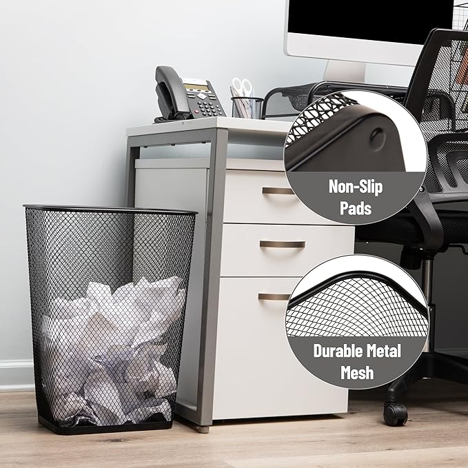 Mind Reader 10 Gallon Executive Waste Paper Bins, Solid Bottom, Non Slip Pads, Office and Home, Metal Mesh, Set of 2, Black