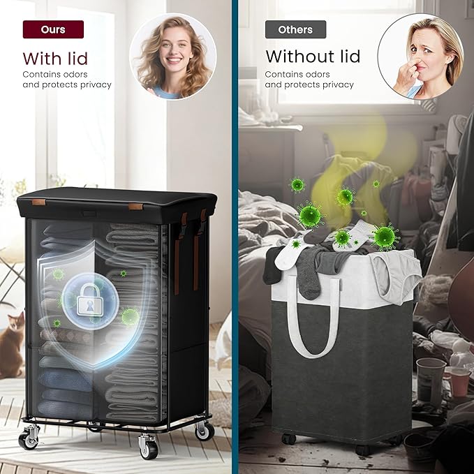 Double Laundry Hamper with Lid, Rolling Laundry Basket with Wheels and 2 Removable 75L Bags, 2 Section Large Capacity for Laundry Bedroom Bathroom Dorm, Easy Move & Organize,150L Black