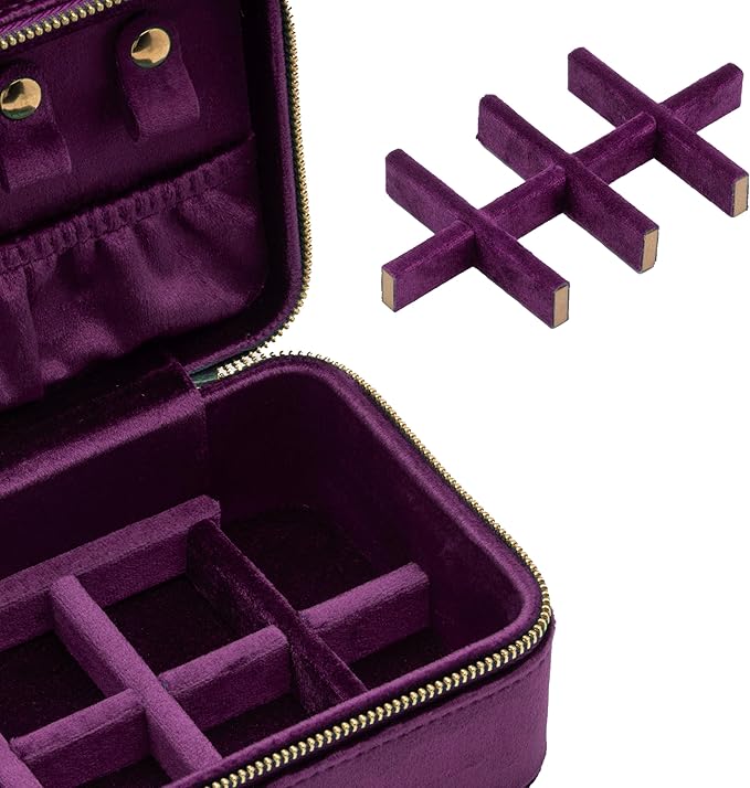 Velvet Travel Jewelry Organizer Box with Zipper Around Portable Accessory Display Tray Holder Storage Case for Multiple Earrings Rings Necklaces Bracelets (Purple)