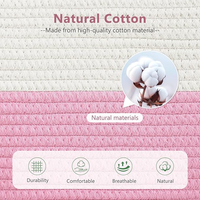ECDYQXVU Cotton Rope Basket, Storage Baskets with Handle, 15x10x9 Inch Woven Basket for Shelves, Laundry, Towels, Clothes, Books (White/Pink 2Pack)