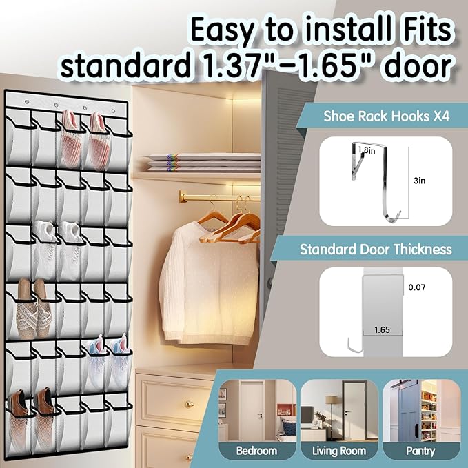 Kotkn Over the Door Shoe Organizer with 30 Breathable Mesh Pockets - Large Capacity Closet Storage for Men & Women, Hanging Shoe Rack Organizer (White)