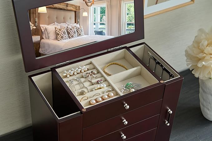 Brown 5 Layer Jewelry Box for Women,Top With Mirror Wooden Jewelry Organizer,With 8 Hook And Velvet Lining Large Jewelry Storage,For Watch Necklace Ring Earring Storage Gifts