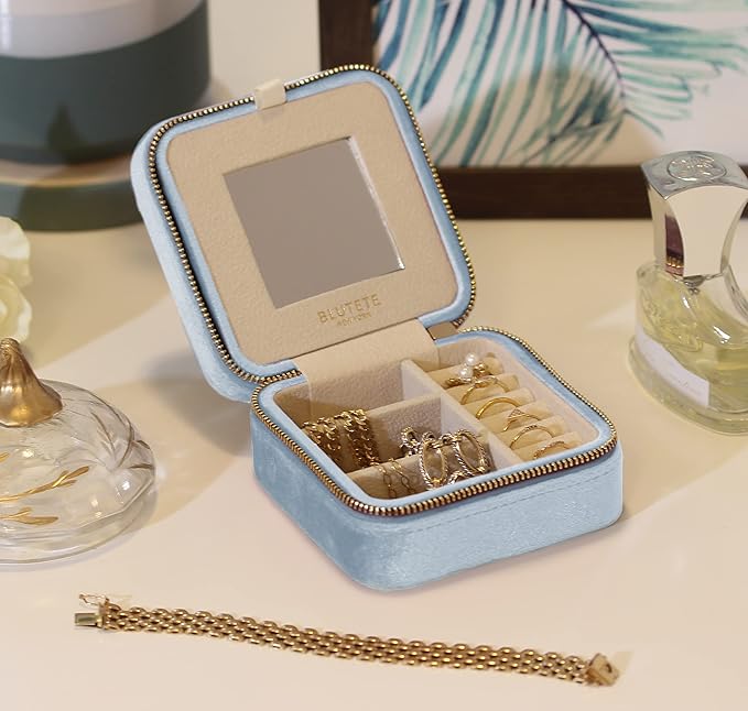 BLUTETE Travel Jewelry Box Organizer Velvet Travel Case With Mirror Ring Earrings Necklaces Storage Organizer Box (Sky Blue)