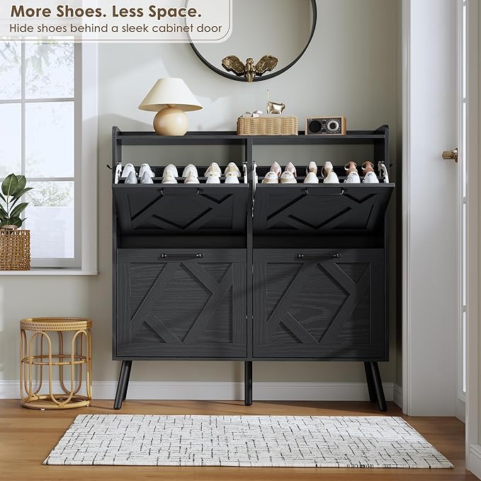 Nicetree Shoe Cabinet with 4 Flip Drawers, Hidden Shoe Rack Cabinet with Metal Legs, Farmhouse Narrow Shoe Storage Cabinet for Entryway, Foyer, Hallway, Black with Hook