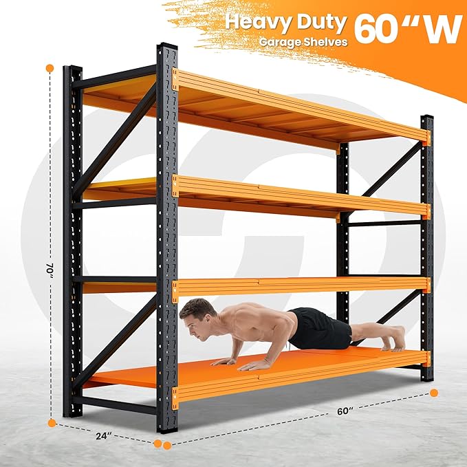 60" Wide Garage Shelving Heavy Duty, 24" Deep Large Storage Shelves, 4 Tier Tall Steel Industrial Shelving, 5000 LBS Adjustable Standing Shelf for Warehouse/Shop 60" W x 24" D x 70" H
