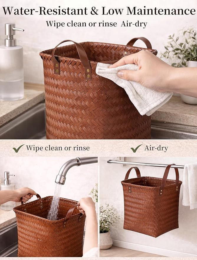 Hand Woven Baskets for Storage, 4Pcs Water-Resistant Wicker Baskets, Brown Wicker Storage Baskets for Shelves, Large Basket with Handle for Organizing, Clothes, Laundry, Blanket - Square