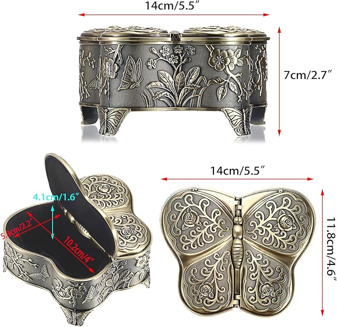 Hipiwe Antique Metal Jewelry Box Butterfly Shape Jewelry Storage Organizer Vintage Trinket Box Treasure Chest for Ring Earrings Necklace Decorative Keepsakes Box, Bronze, Large