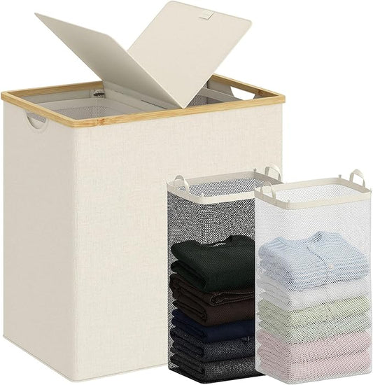 efluky Laundry Hamper with Lid, Double Laundry Hamper with 2 Removable Bags, 2 Section Laundry Basket with Bamboo Handles for Bathroom, Bedroom & Laundry Room, 140L (36.9 Gallon) Beige