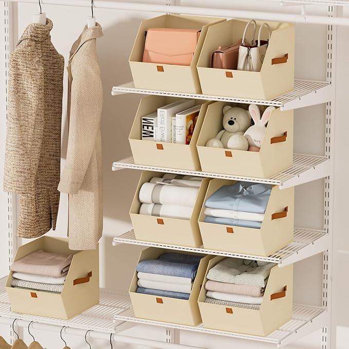 Homsorout Fabric Closet Storage Cubes - 4 Pack Square Storage Bins with Dual Handles for Clothes, Towels, Toys, Cube Storage Organizers for Bedroom, Nursery, Shelves, Closet, Small Spaces, Beige