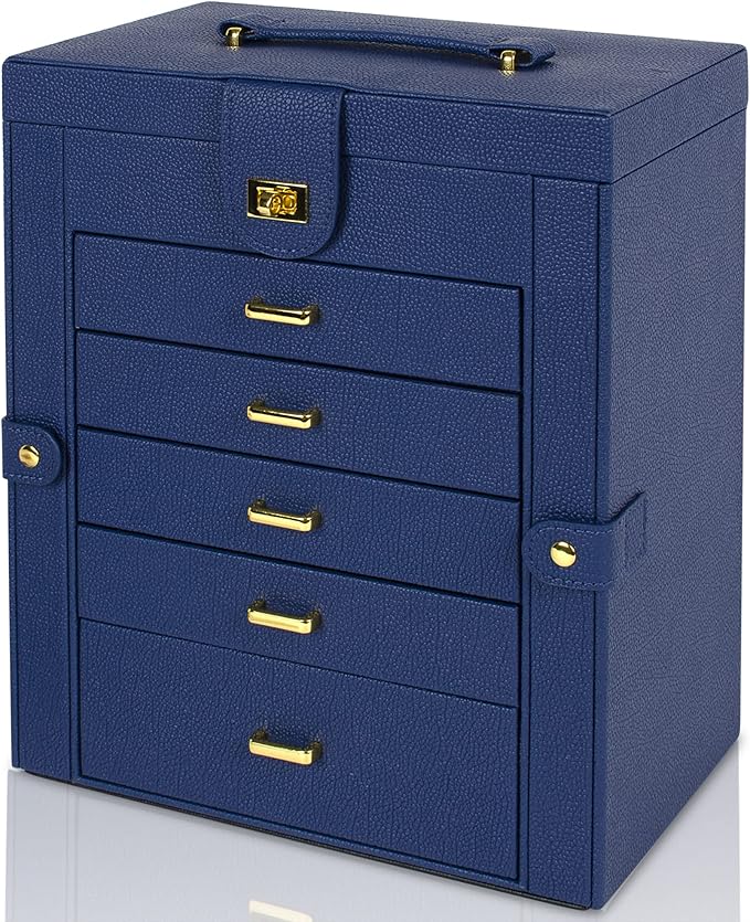AKOZLIN Large Jewelry Box Organizer Functional with Big Mirror, Leather Jewelry Storage Case for Women Girls Ring Necklace Earring Bracelet Holder Organizer Blue