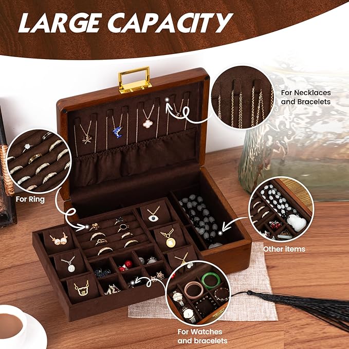 Solid Walnut Wood Jewelry Box with Lock, 2 Layer Velvet Jewelry Organizer Storage Lined for Earrings Rings Necklaces Bracelets Cufflink Gift Idea for Men Women, Vintage Brown
