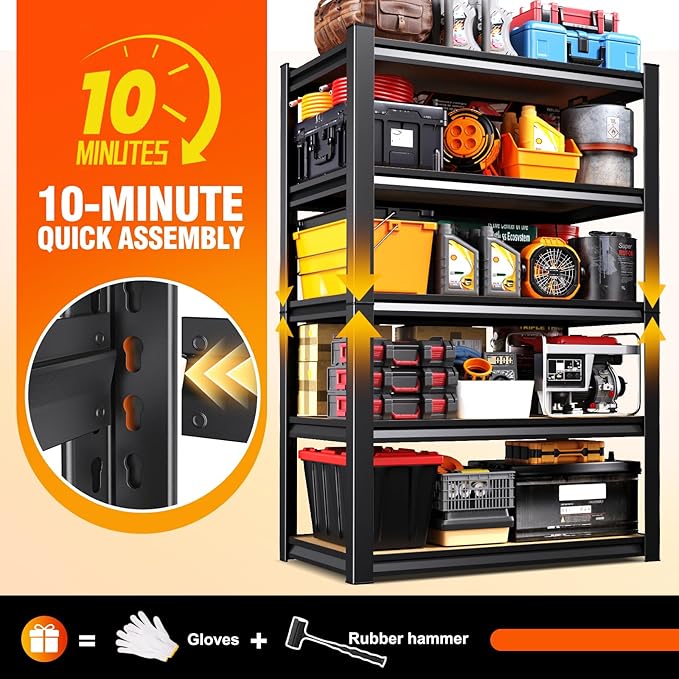 2-Piece Set 46''W Storage Shelves,3000LBS Garage Shelving,Adjustable Garage Shelves,Heavy Duty Metal Shelving, 5 Tier Wood Utility Steel Shelf, Easy-to-Install Shelving Units 2 Pack