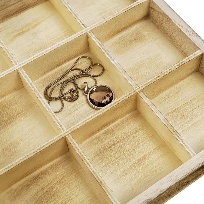 Mooca Wooden Display Storage Case with Tempered Glass Lid for Jewelry and Beads with 18 Compartments Tray, Oak Color, 15" W x 8 3/4" D x 2" H