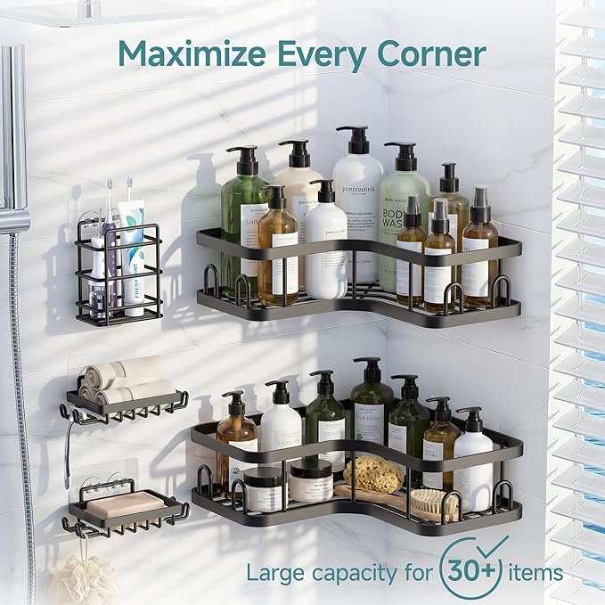 Veken Corner Shower Caddy 5-Pack, Advanced Rustproof Design, No Drilling Adhesive Shelves, Rack with Soap Holder, Bathroom Organizers and Storage, Wall-Mounted Kitchen&Home Decor,Black,Gifts for Mom