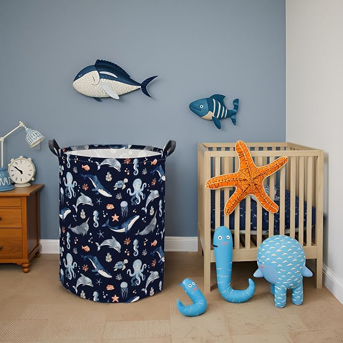 HIYAGON Ocean Baby Laundry Basket Baby Hamper for Nursery Girl Kids Soccer Hamper Cute Kids Toys Storage Bin Organizer Ocean Room Decor for Home(Blue Ocean)