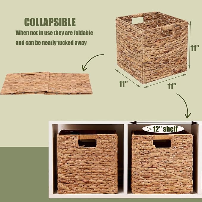 11x11in Storage Baskets 4 Pcs Square Baskets for Cube Shelf,Foldable Handwoven Water Hyacinth Storage Bins for Laundry Organizer