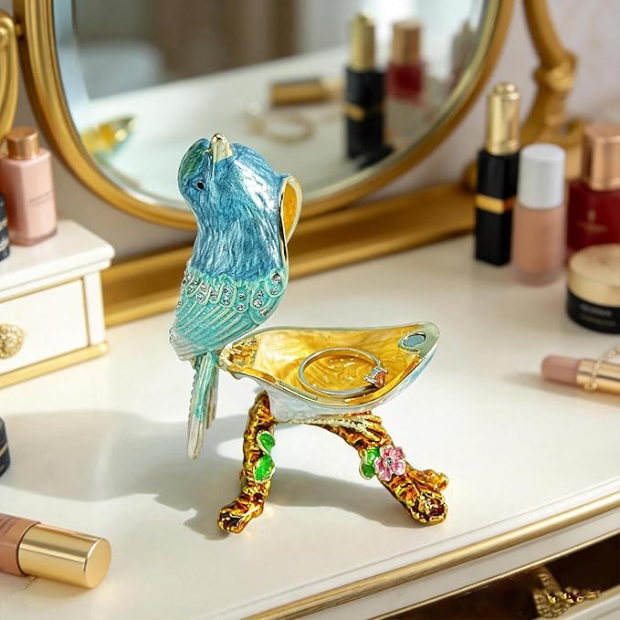 YU FENG Enamel Bird Trinket Box Jewelry Organizer, Hand Painted Decorative Hinged Keepsake Box – Blue Green Perched Bird