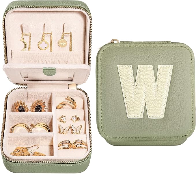 S.Leaf Initial Travel Jewelry Case Jewelry Boxes for Women Small Jewelry Box Travel Jewelry Box Jewelry Gift Boxes Jewelry Travel Case Jewelry Organizer Box Portable Travel Jewelry Case Letter W