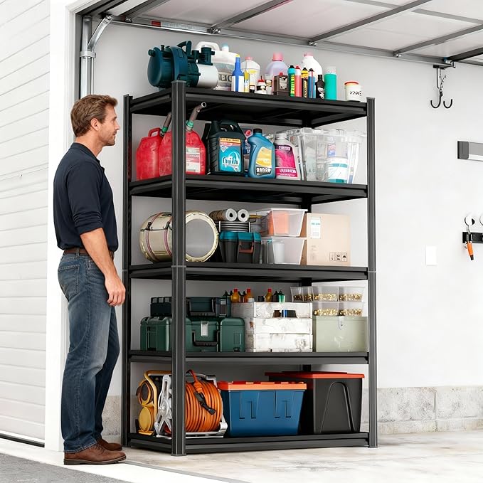 PRESTELION 72" H Storage Shelves Heavy Duty Garage Shelving Unit 5 Tier Metal Shelving Adjustable Storage Rack for Basement, Warehouse, Pantry, Closet, Kitchen 72" H x 40" W x 15.8" D, Black