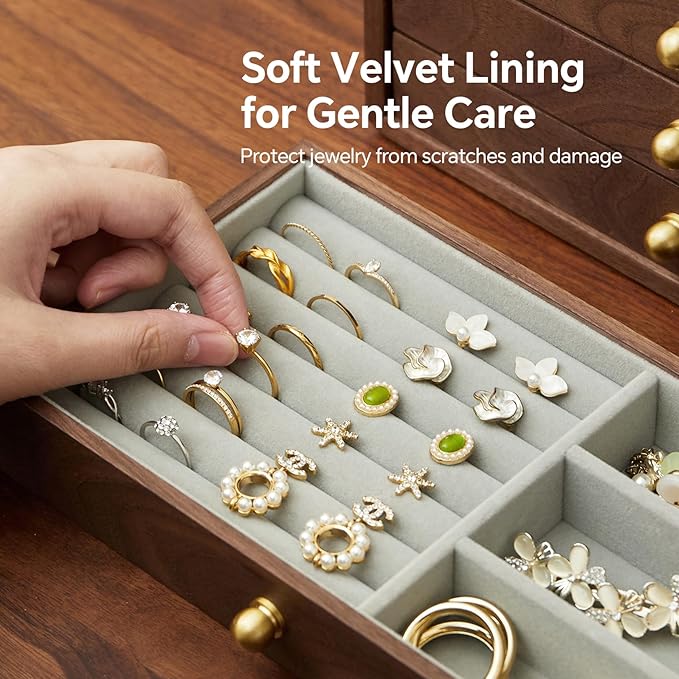 Wooden Jewelry Box for Women Men, Large Velvet Lined Organizer with 4 Drawers, Solid Black Walnut Brass Handles, Jewelry Storage Box for Rings, Necklaces, Earrings