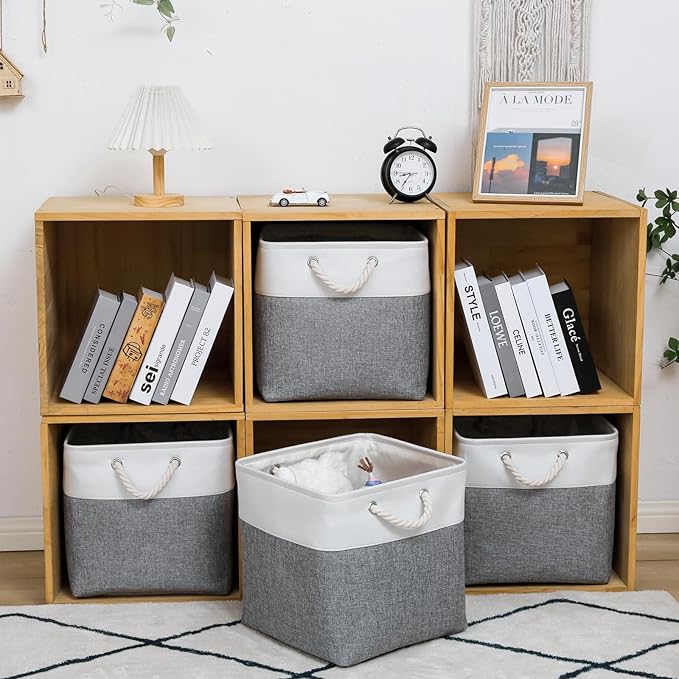MidmmVick 13 x 13 Inch Cube Storage Bins, 6 Pack Extra Large Collapsible Fabric Storage Bin with Ropes, Foldable Storage Cubes for Home (White & Grey-13"x13"x13")