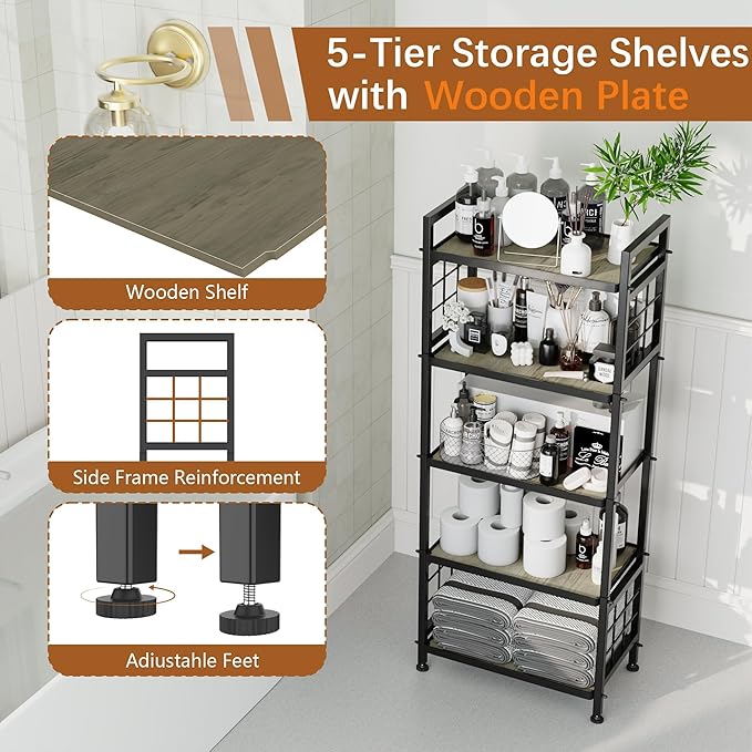 GIOTORENT 5-Tier Pantry Shelves with Wooden Boards, Heavy Duty Storage Shelves & Book Shelf, Adjustable Metal Shelving Unit for Kitchen Bathroom Laundry Organizer, Sturdy Rust-Resistant, Black
