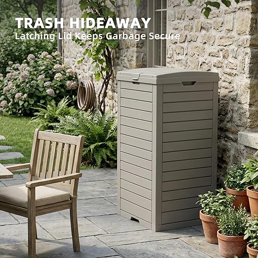EFU 38 Gallon Outdoor Trash Can with Lid & Drip Tray, Waterproof Garbage Can for Patio Backyard Deck Porch, Heavy Duty Waste Container Bin，Light Coffee
