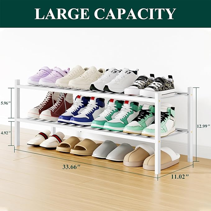 Smiry Shoe Rack, 2 Tier Long Bamboo Shoe Organizer, Stackable Free Standing Wooden Shoe Storage Shelf for Closet, Entryway, Front Door Entrance, White