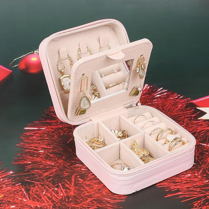 OceeK Travel Jewelry Case Box Organizer with Mirror,Travel Jewelry Box Holder Stocking Stuffers,Pink,1 Pack