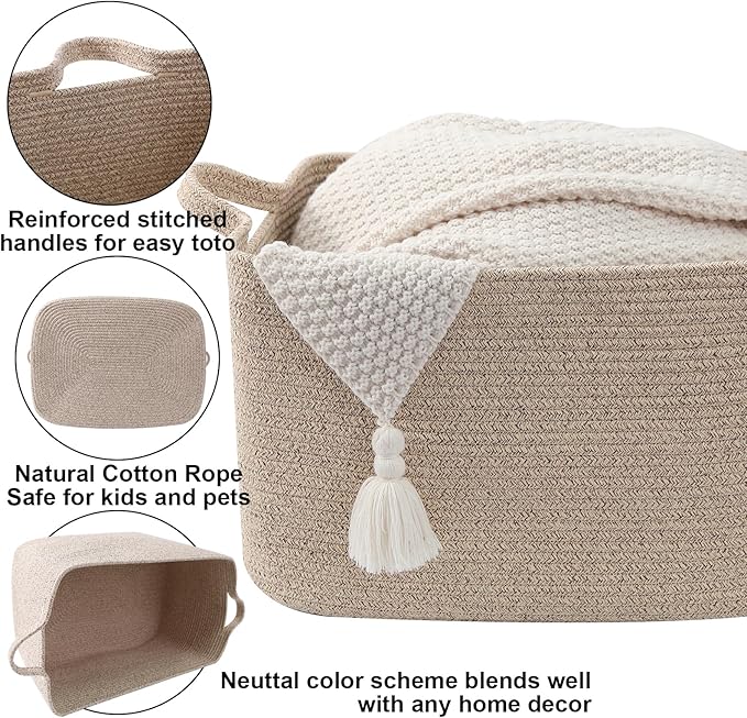 Large Blanket Basket,Woven Rope Basket Storage Bin with Handles,65L Rectangle Laundry Basket for Magazines,Toys,Clothes,Newspaper Shelf Organization,Nursery and Living Room,Brown