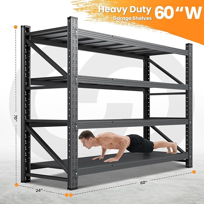60" W Metal Shelving Heavy Duty, 24" Deep Large Storage Shelves, 4 Tier Tall Steel Industrial Shelving, 5000 LBS Adjustable Standing Shelf for Warehouse/Shop 60" W x 24" D x 70" H
